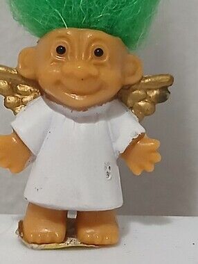 Russ 1" Troll Doll Green Hair Gold Angel Wings Christmas Mini Miniature